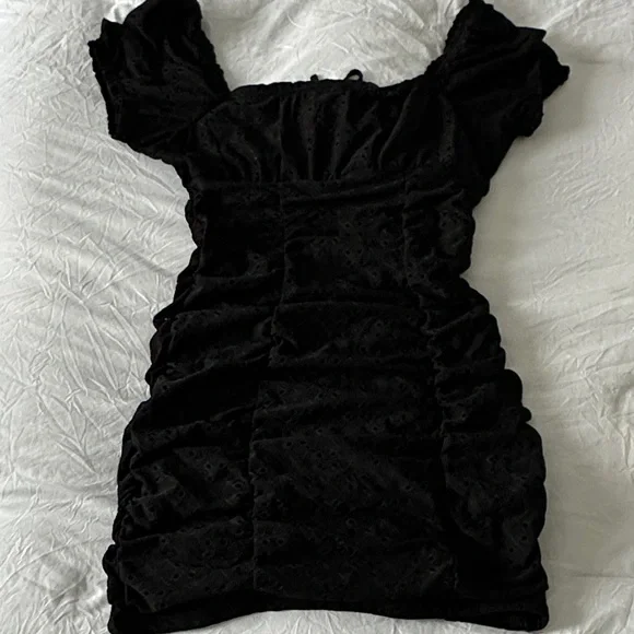 Black Eyelet Ruched Mini Dress - Picture 6 of 7